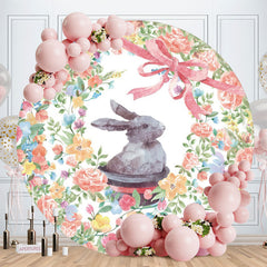Aperturee - Pink Floral And Rabbit Round Baby Shower Backdrop