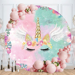 Aperturee - Pink Floral And Unicorn Round Birthday Party Backdrop