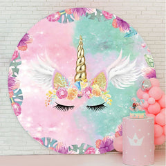 Aperturee - Pink Floral And Unicorn Round Birthday Party Backdrop