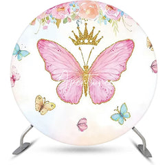 Aperturee - Pink Floral Butterfly Crown Round Birthday Backdrop