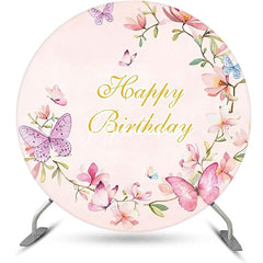 Aperturee - Pink Floral Butterfly Spring Round Birthday Backdrop