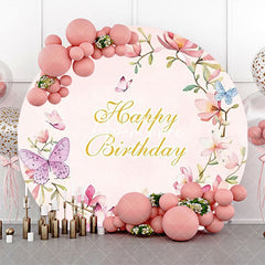 Aperturee - Pink Floral Butterfly Spring Round Birthday Backdrop