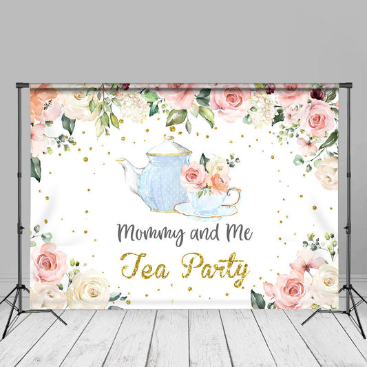 Aperturee - Pink Floral Cups Mothers Day Backdrop For Tea Party