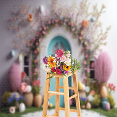 Aperturee - Pink Floral Cyan Door Egg Easter Backdrop For Photo