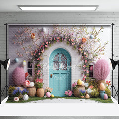 Aperturee - Pink Floral Cyan Door Egg Easter Backdrop For Photo