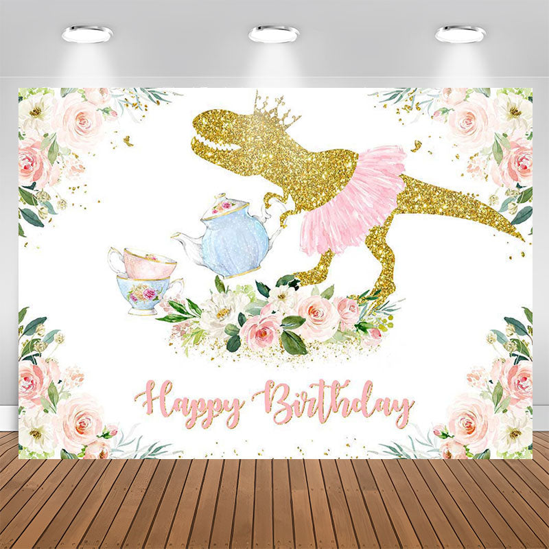 Aperturee - Pink Floral Dinosaur Birthday Photoshoot Backdrop