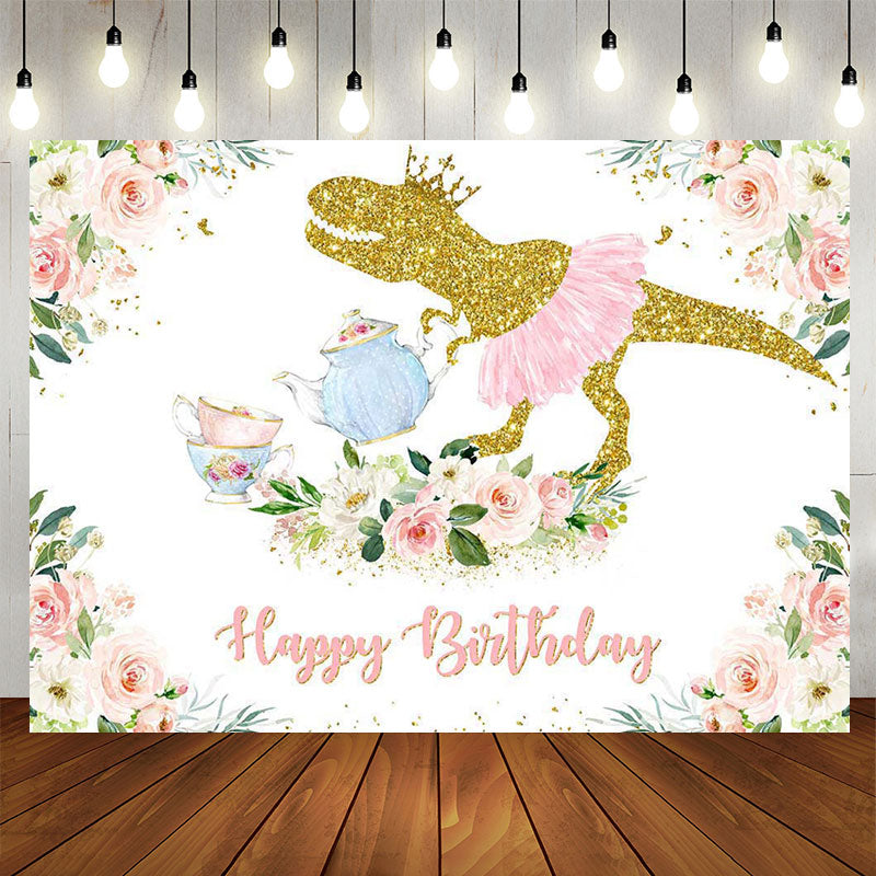 Aperturee - Pink Floral Dinosaur Birthday Photoshoot Backdrop
