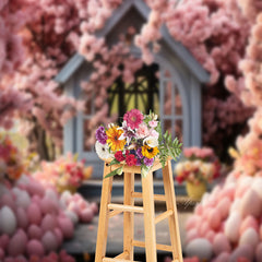Aperturee - Pink Floral Egg White Wooden House Easter Backdrop