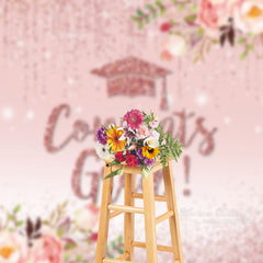 Aperturee - Pink Floral Glitter Congrats Grad Best Photo Backdrop