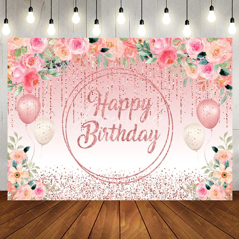 Aperturee - Pink Floral Glitter Tassels Leaves Birthday Backdrop