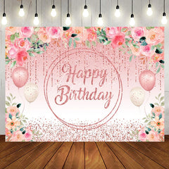 Aperturee - Pink Floral Glitter Tassels Leaves Birthday Backdrop