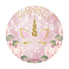 Aperturee - Pink Floral Gold Glitter Unicorn Round Backdrops for Girl