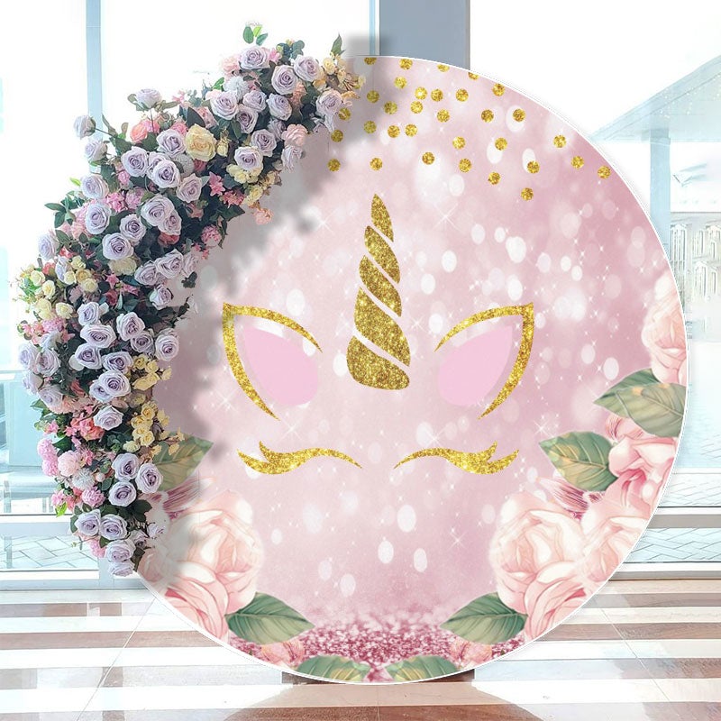 Aperturee - Pink Floral Gold Glitter Unicorn Round Backdrops for Girl