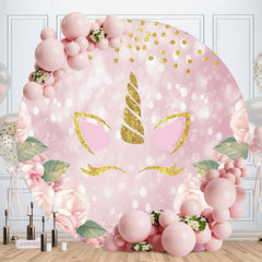 Aperturee - Pink Floral Gold Glitter Unicorn Round Backdrops for Girl