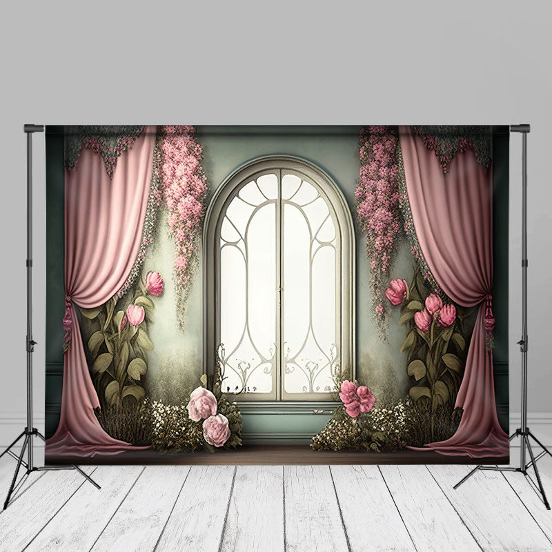 Aperturee - Pink Floral Green Wall Window Floor Photo Backdrop