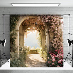 Aperturee - Pink Floral Leaf Arch Spring Backdrop For Photograph