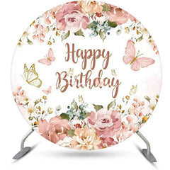 Aperturee - Pink Floral Leaf Butterfly Round Birthday Backdrop