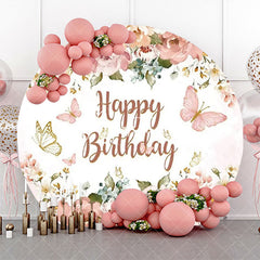 Aperturee - Pink Floral Leaf Butterfly Round Birthday Backdrop