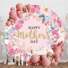 Aperturee - Pink Floral Leaves Gold Round Mothers Day Backdrop