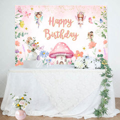 Aperturee - Pink Floral Mushroom Angel Happy Birthday Backdrop