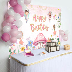 Aperturee - Pink Floral Mushroom Angel Happy Birthday Backdrop