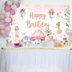 Aperturee - Pink Floral Mushroom Angel Happy Birthday Backdrop