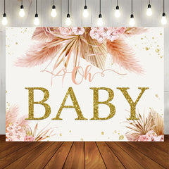 Aperturee - Pink Floral Oh Baby Gold Glitter Baby Shower Party Backdrop