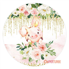 Aperturee - Pink Floral Pig Lovely Circle Birthday Backdrop