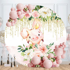 Aperturee - Pink Floral Pig Lovely Circle Birthday Backdrop