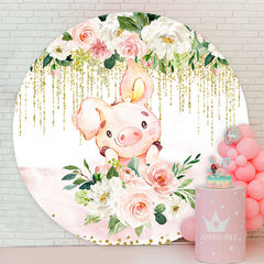 Aperturee - Pink Floral Pig Lovely Circle Birthday Backdrop