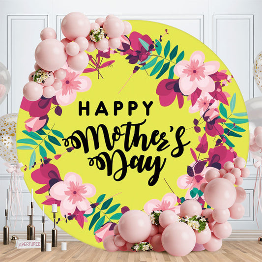 Aperturee - Pink Floral Round Yellow Happy Mothers Day Backdrop