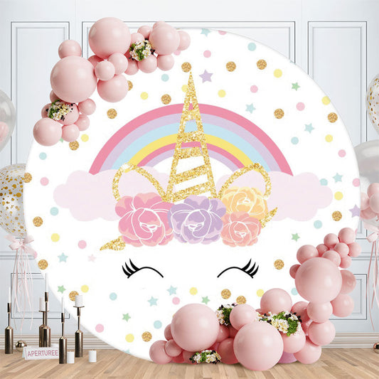 Aperturee - Pink Floral Unicorn Gold Glitter Rainbow Round Backdrops for Girl