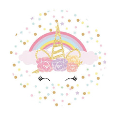 Aperturee - Pink Floral Unicorn Gold Glitter Rainbow Round Backdrops for Girl