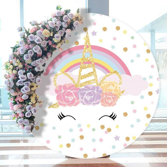 Aperturee - Pink Floral Unicorn Gold Glitter Rainbow Round Backdrops for Girl
