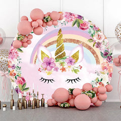 Aperturee - Pink Floral Unicorn Rainbow Round Birthday Backdrop