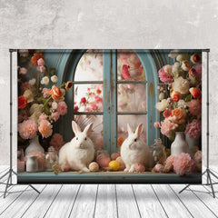 Aperturee - Pink Floral Vase Window Rabbits Easter Backdrop