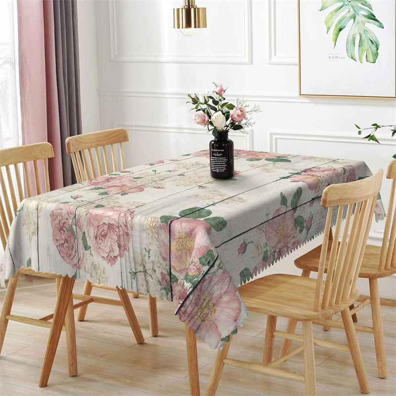 Aperturee - Pink Floral Wooden Texture Rectangle Tablecloth