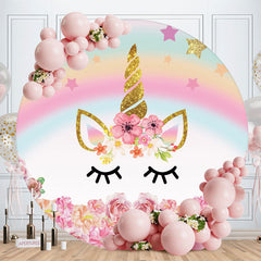 Aperturee - Pink Flowers And Unicorn Theme Round Birthday Backdrop