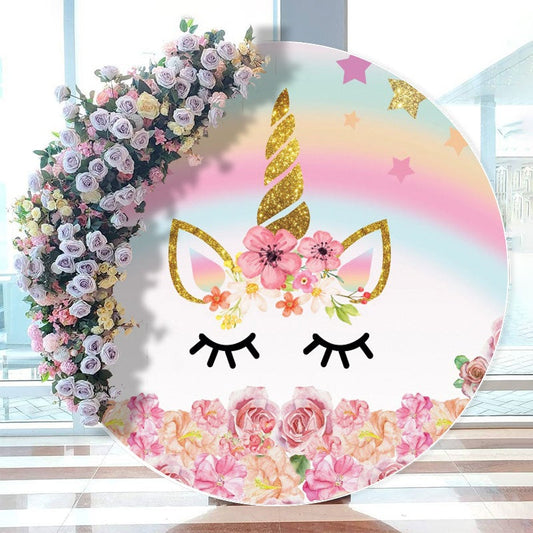 Aperturee - Pink Flowers And Unicorn Theme Round Birthday Backdrop