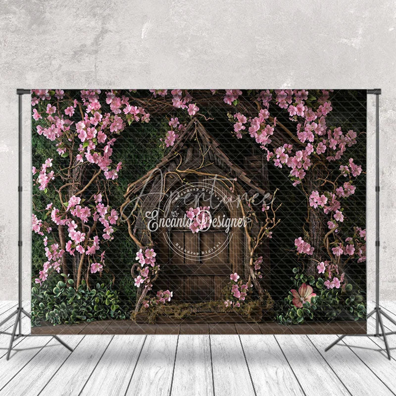 Aperturee - Pink Flowers Surround Vintage Wood House backdrop