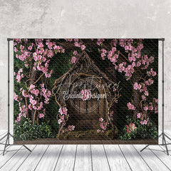 Aperturee - Pink Flowers Surround Vintage Wood House backdrop