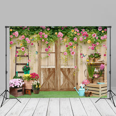 Aperturee - Pink Flowers Wooden Door And Window Backdrop For Photo