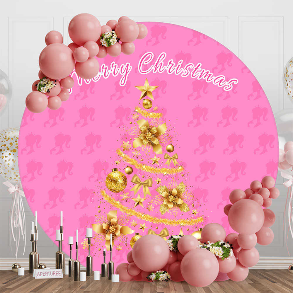 Aperturee - Pink Girl Golden Tree Circle Christmas Backdrop