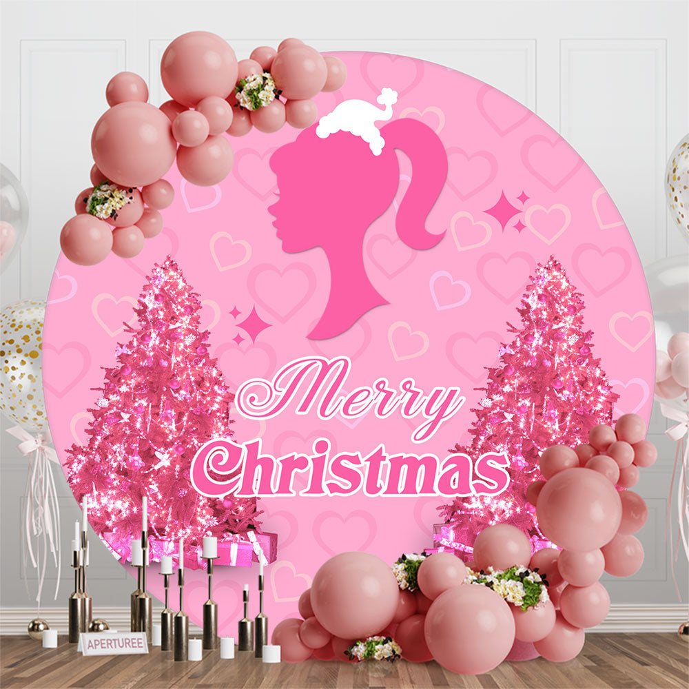 Aperturee - Pink Girl Heart Trees Round Merry Christmas Backdrop