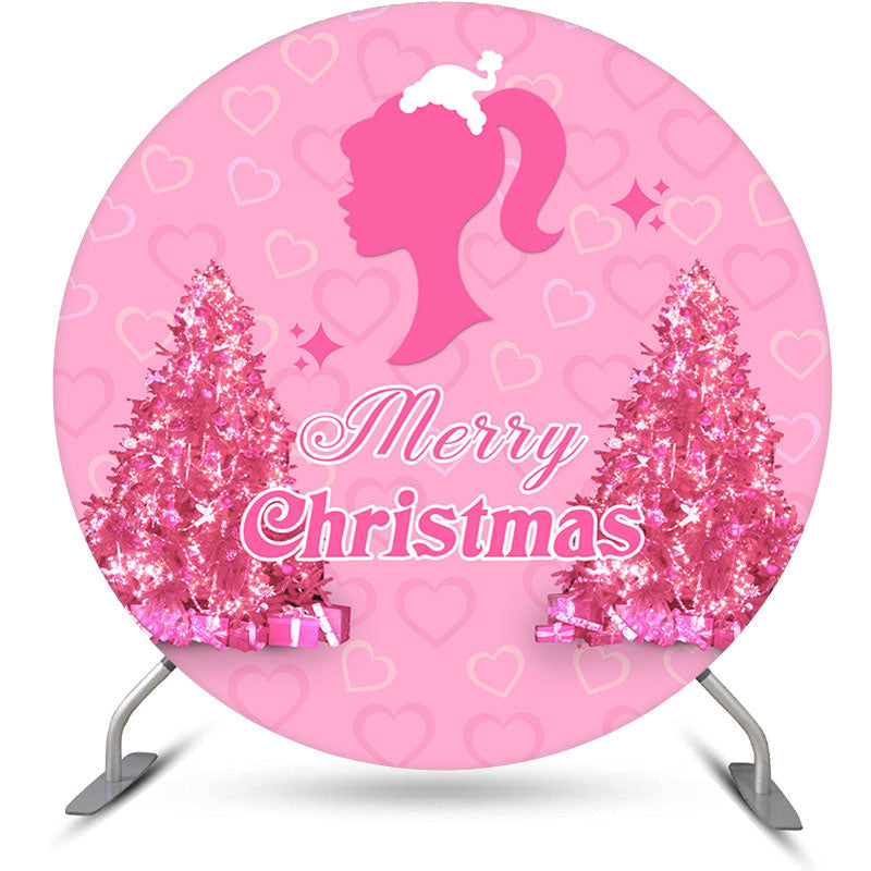 Aperturee - Pink Girl Heart Trees Round Merry Christmas Backdrop