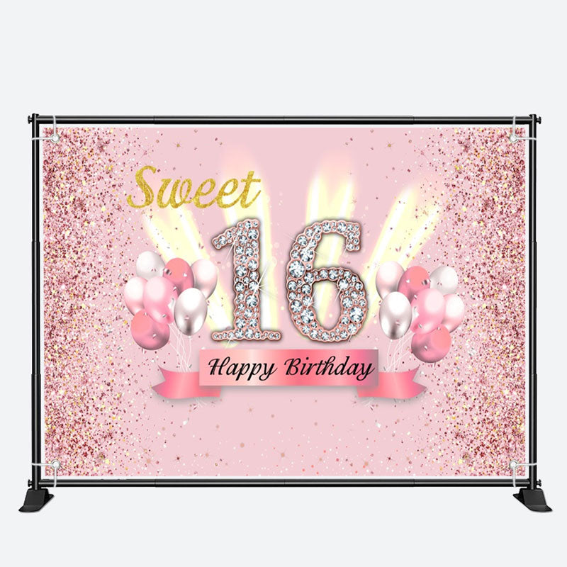 Aperturee - Pink Glitter Balloon Sweet 16th Birthday Backdrop