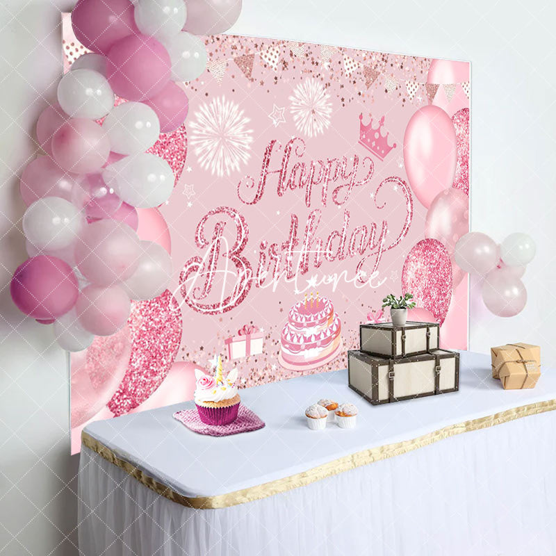 Aperturee - Pink Glitter Balloons Cake Girls Birthday Backdrop