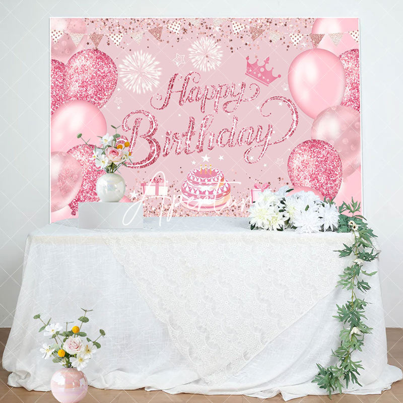 Aperturee - Pink Glitter Balloons Cake Girls Birthday Backdrop