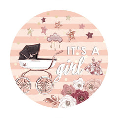 Aperturee - Pink Glitter Floral And Cart Round Baby Shower Backdrop