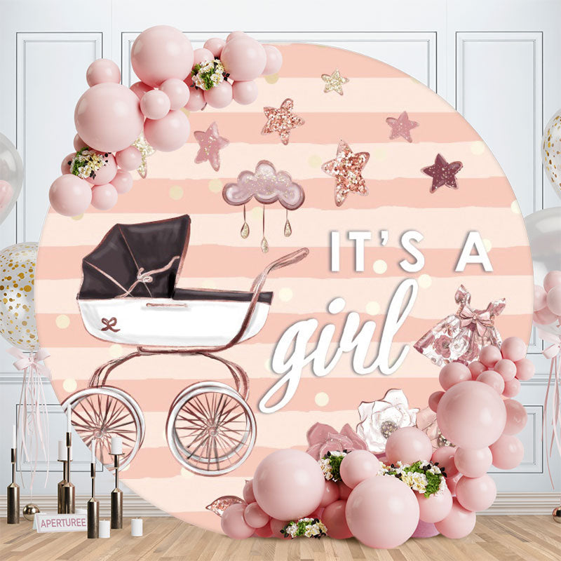 Aperturee - Pink Glitter Floral And Cart Round Baby Shower Backdrop